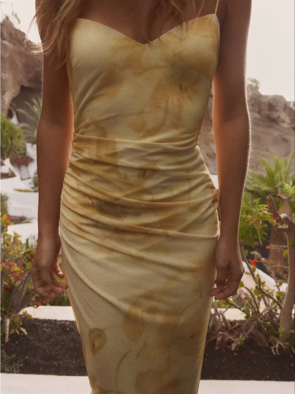 Zara Printed Tulle Midi Dress Yellow Watercolor Ruching Cowl Neck